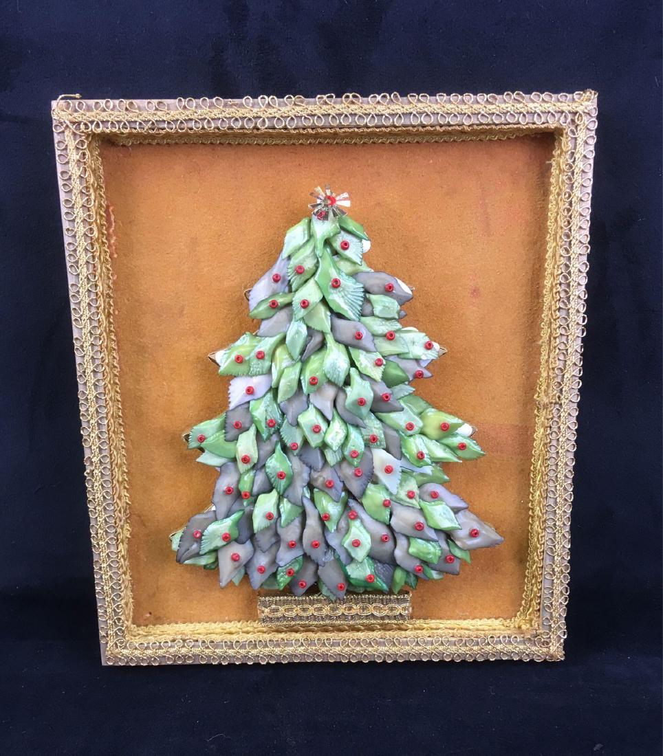 Vintage Framed Christmas Tree Sculptural Art: Vintage Framed Christmas Tree Sculptural Art; a Christmas tree comprised of green glass wing like shapes. There areÂ red glass beads applied as ornament accents. All mounted on suede and trimmed in 
