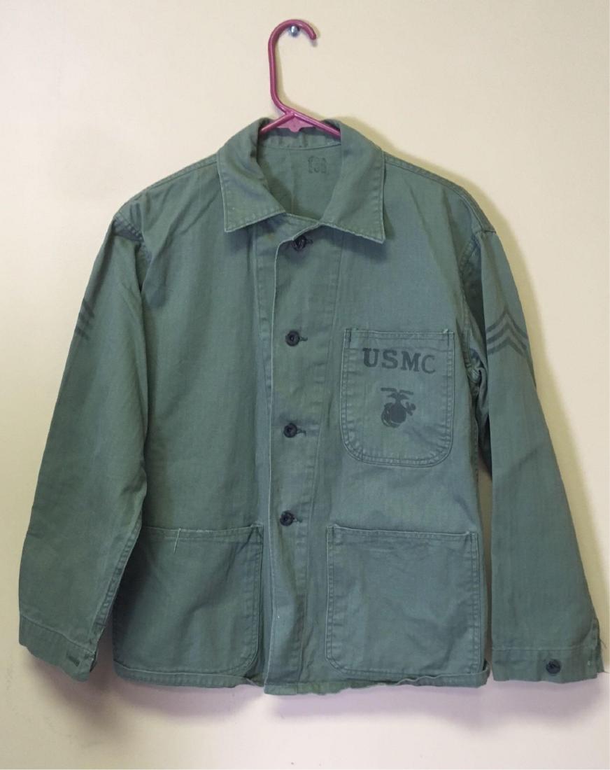 Vintage US Marine Corp HBT Combat Fatigue Shirt Circa: Vintage US Marine Corp Korean War HBT Herringbone Combat Fatigue Shirt, Circa 1950's; a heavy cotton herring bone twill shirt, inside of the neck is stamped "36". It is in very good condition. The sho