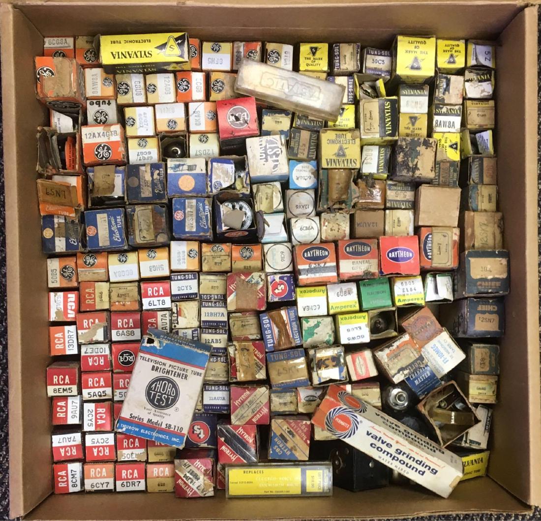 Lot of Vintage Electron Vacuum Tubes: Lot of Vintage Electron Vacuum Tubes; a varied lot of over 150 vacuum tubes. All appear to be in good condition but are untested. The tubes are stacked upright in a single layer in a box that measures