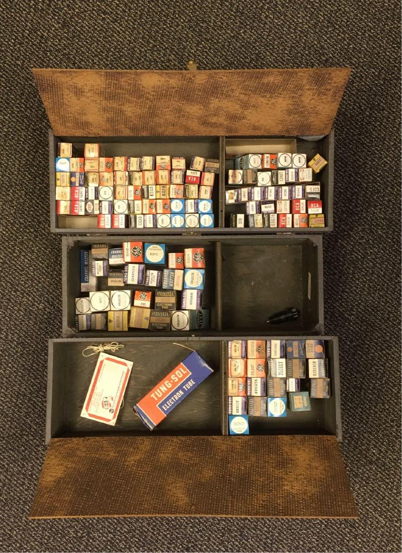Vintage Radio and Television RCA Authorized Dealer: Vintage Radio and Television RCA Authorized Dealer Service Case with Collection of Vacuum Tubes; a great repairman's case showing two cantilevered trays. One side is marked "RCA", one side is marked "