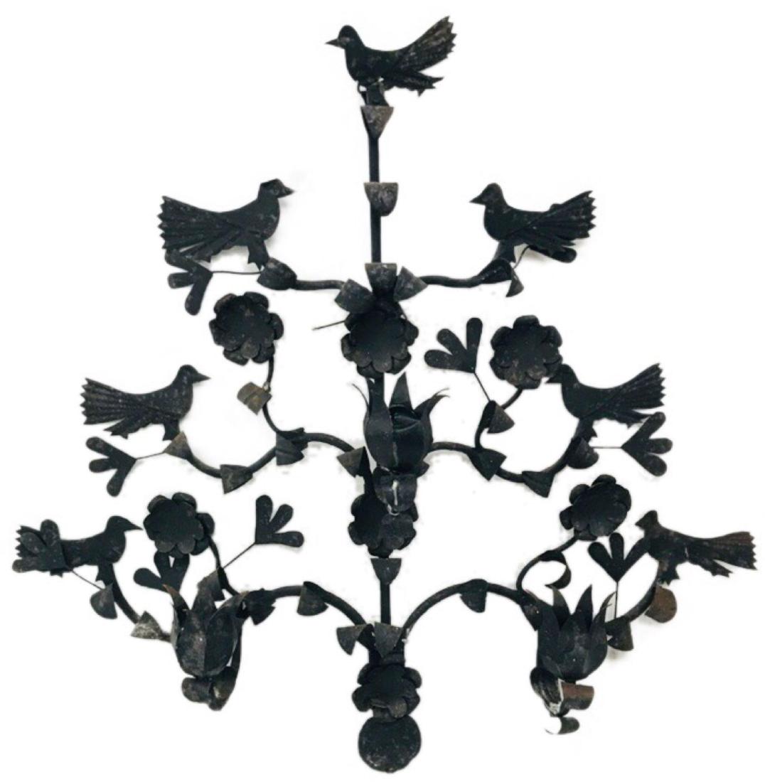 Vintage Perching Birds Candle Chandelier: Vintage Perching Birds Candle Chandelier; this chandelier is fabricated from steel, finished black. It shows seven perching birds on six branches. Each branch shows a leaf and flower decoration. There