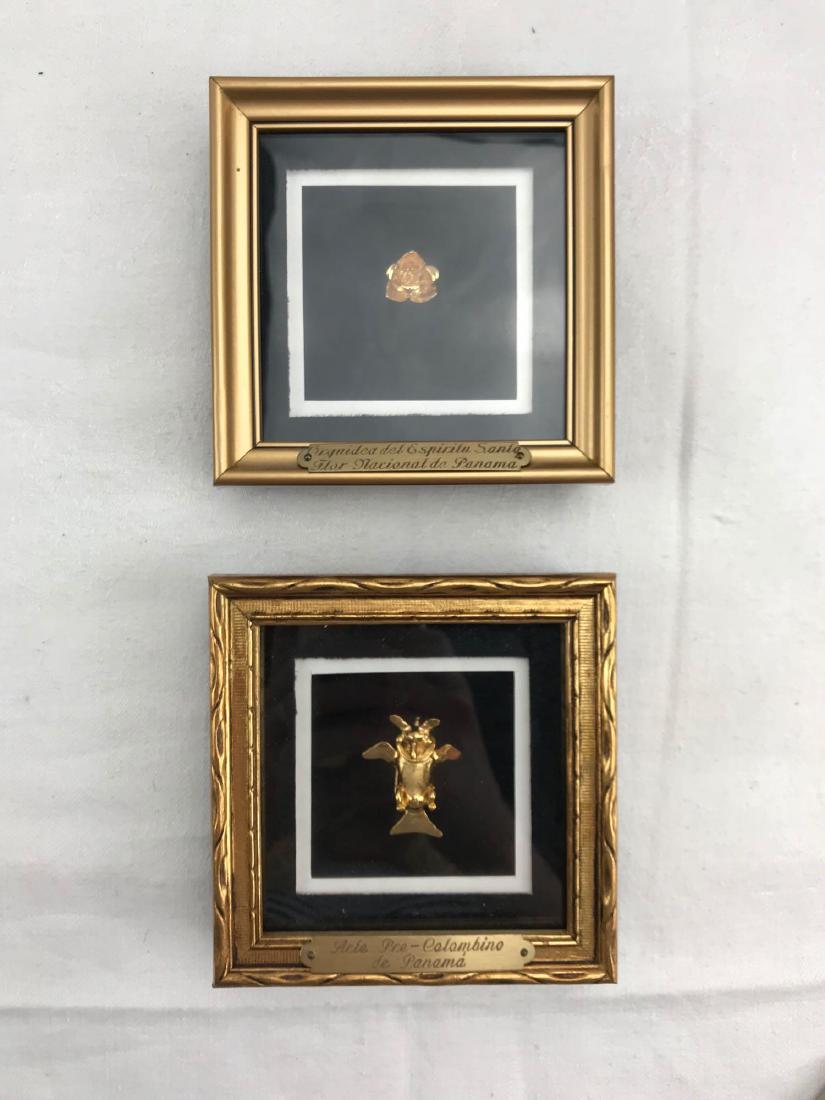 Pre-Colombian Art, Panamanian Reproduction Artifacts: Pre-Colombian Art, Panamanian Reproduction Artifacts, orchid and huaca; these fine pieces are crafted in sterling silver and gold plated. They each are framed behind glass with attached label. Each in