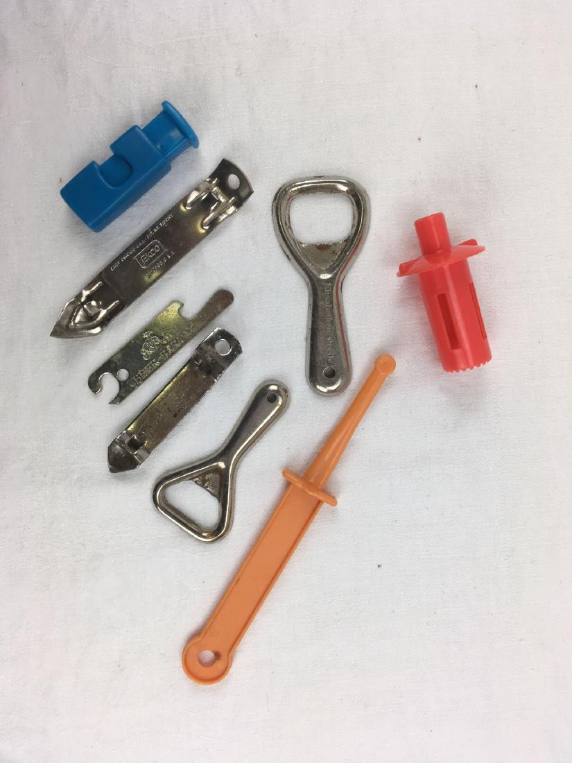 Vintage Can Bottle Openers, Kitchen Tools: Vintage Can Bottle Openers, Kitchen Tools; lot includes 5 can, bottle openers. One marked "Beer Barron", one marked "Walter's Light Beer", one marked "Elizabethen-Quille", andÂ marked "Ekco".Â A 
