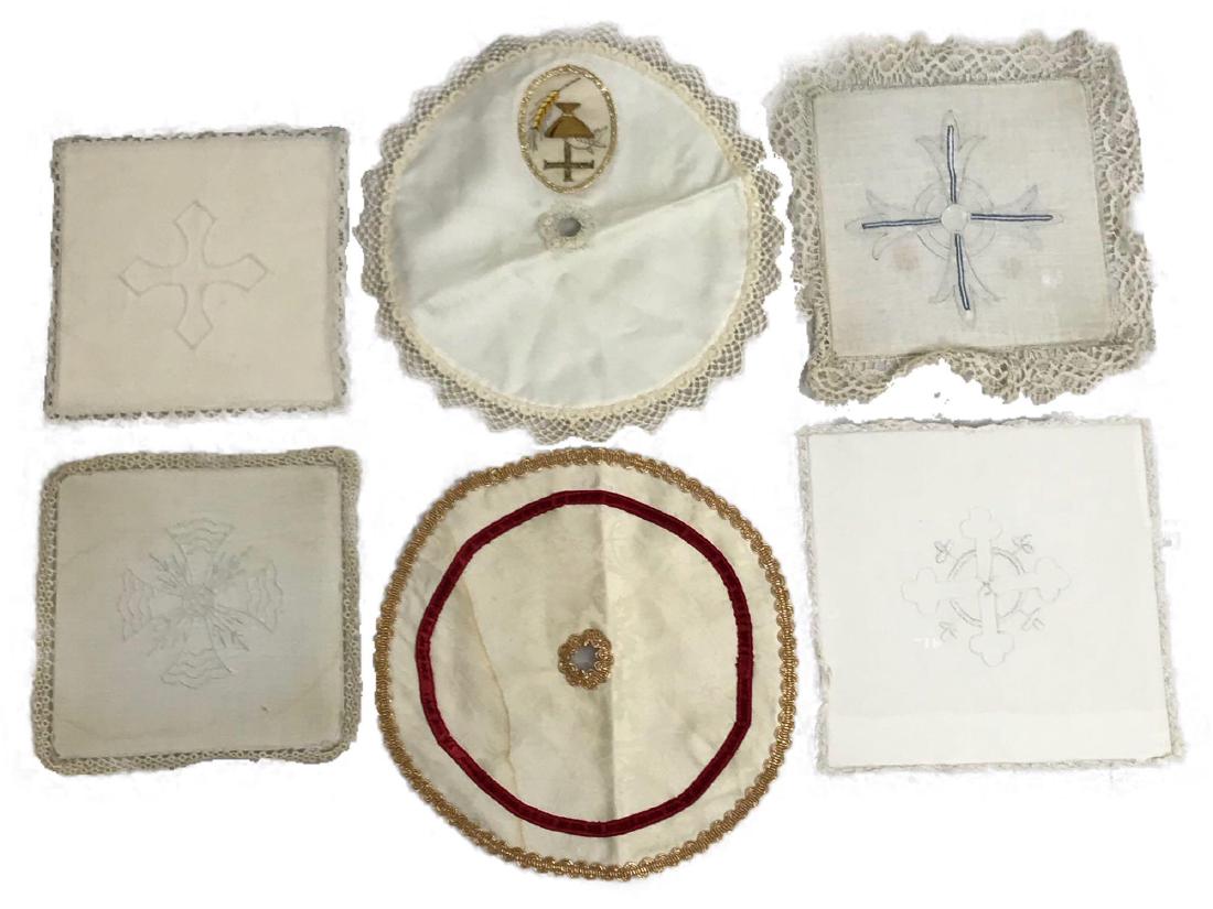 Religious Chalice Palls Wine Oil Garments Altar Pieces: 6 Chalice Palls showing a Light mix of embroidery with lace. they measure approximately 7"x 7"Â 2 oil and wine garments.Â there is some light staining that has not been attempted to remove.Â �
