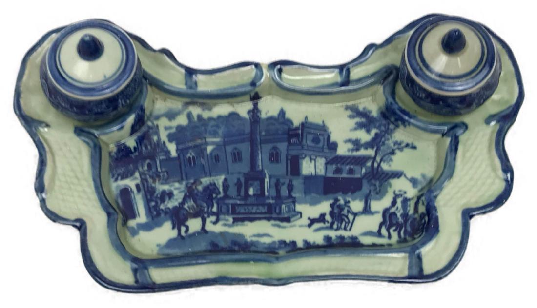 Vintage Victoria Ware Ironstone Inkwell and Tray: Victoria Ware Flow Blue Calico Ironstone ink well, measuring 1.1/4" H, 11" W, 6.1/2" D