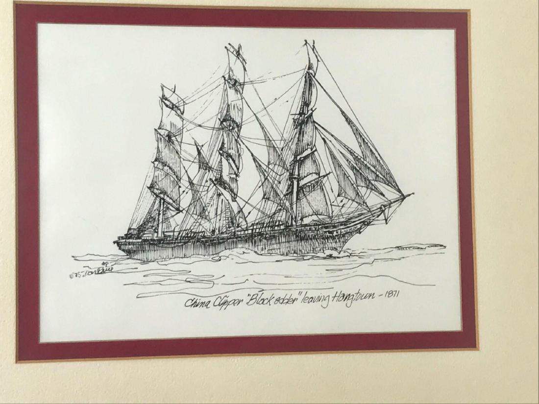 Marine Art, Pen and Ink Print Clipper Black Adder: Marine Art, Framed Pen and Ink Print; a print of the work titled "China Clipper Black Adder Leaving Hangtown- 1871" by Don Price. A quality print glazed and double matted in wood frame. The frame is f