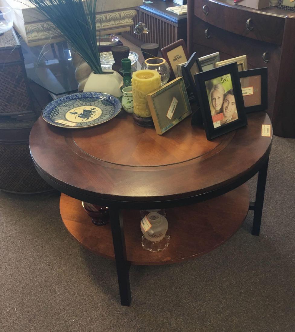 Solid Wood and Metal Coffee Table: Modern solid wood 2 tier coffee table, measuring 35.1/2" diameter top, 31.1/2" diameter 2nd tier, 20" tall