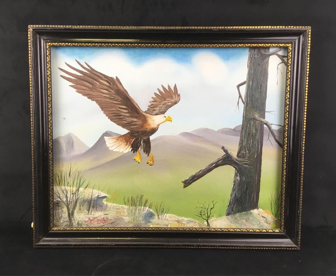 Original Artwork Bald Eagle Framed Painting on Canvas: Original painting of a bald eagle in the woods by Bart Jones, dated 92. Framed painting on canvas, measuring 22" L, 18" W.