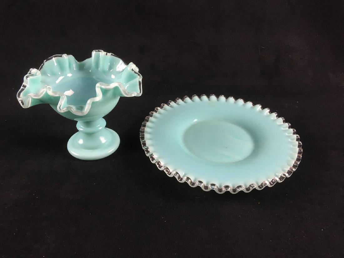 2 Pieces TurquoiseÂ Opalescent Art Glass, Small Serving: 2 Pieces TurquoiseÂ Opalescent Art Glass, Small Serving Dish and Centerpiece Vase; these pieces are not marked, both show a very soft color with a clear scallopedÂ edge. The serving dish is in ver
