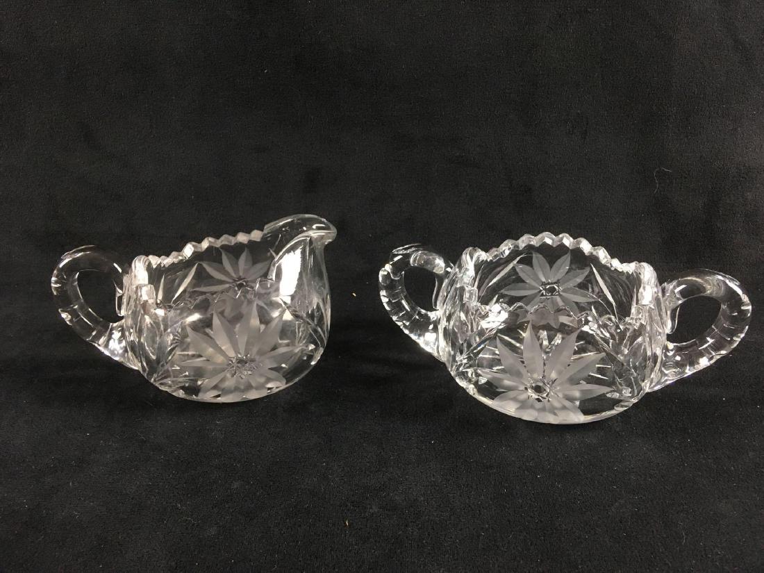 Vintage Clear Etched and Cut Crystal Glass Creamer and: Vintage Clear Etched and Cut Crystal Glass Creamer and Open Sugar Bowl; these nice pieces show sawtooth rims and etched hobstars. They are reported to be Polish crystal. Both are in excellent conditio