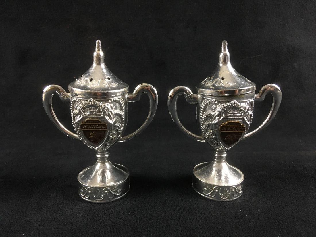 Cherokee Indian Reservation Salt and Pepper Shakers: Salt & Pepper shaker set from the Cherokee Indian Reservation. An odd shape to come from such a place, but that's what they are. Items measure approx. 3.1/2" tall.Â