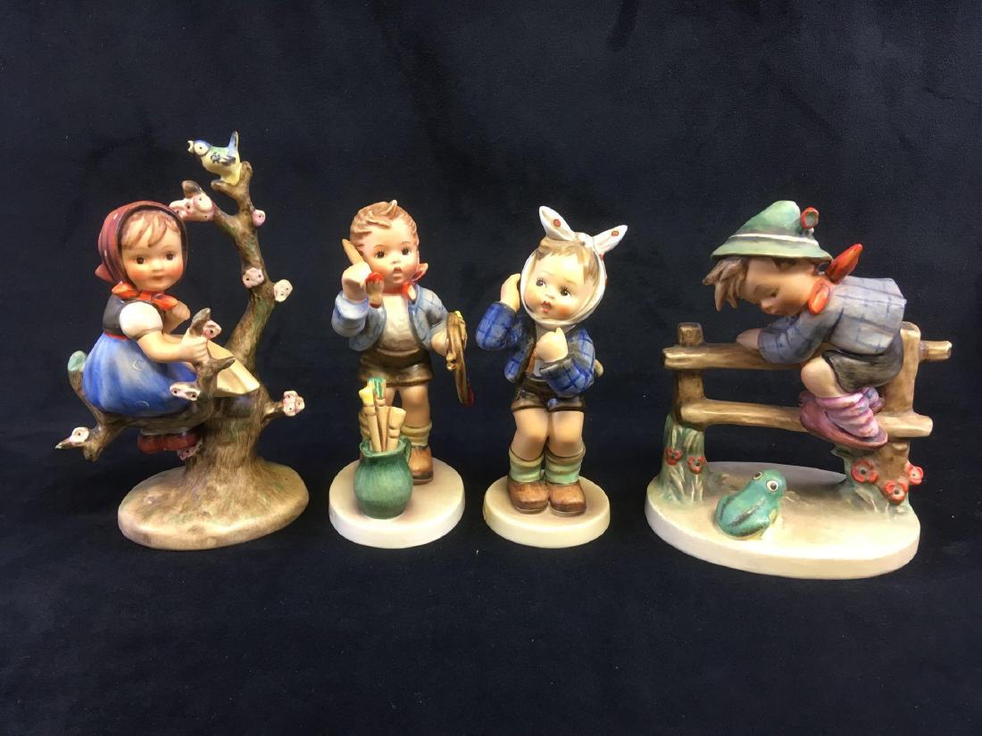 Lot of 4 Vintage GoebelÂ Hummel Figurines, Marked: Lot of 4 Vintage GoebelÂ Hummel Figurines, Marked; a nice collection of those Hummel kids doing what they do. Lot includes; 1) The Artist, 2) Girl in Apple Tree, 3) Retreat to Safety, and 4) Boy wit