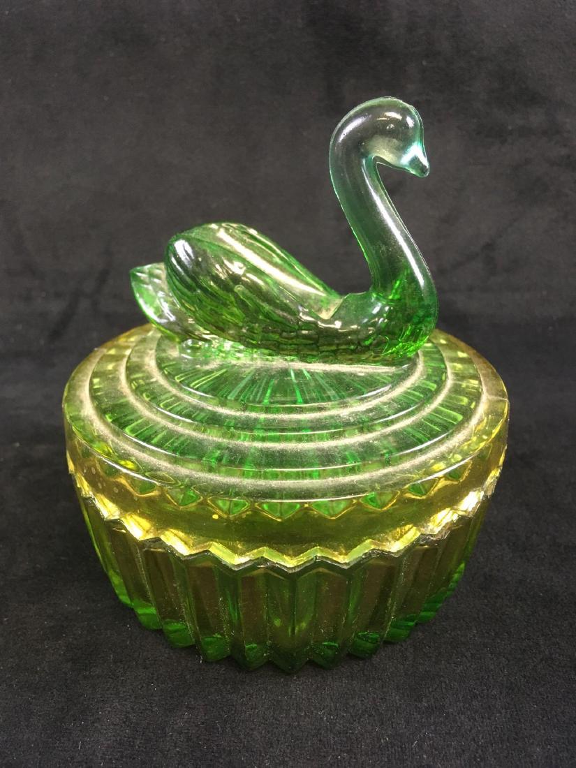 Vintage Swan Glass Candy Dish: Emerald green and yellow candy dish or powder with a swan on the lid. Item measures approx 5" tall and 4.1/2" in diameter