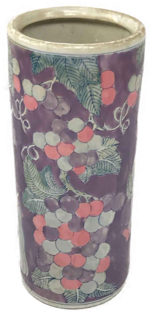 Vintage Hand-painted Ceramic Umbrella Stand: Vintage Hand-painted Ceramic Umbrella Stand; this umbrella stand shows a fun garden motif of ripe fruits and vegetables. The style is organic and fun. The condition is very good, there are no chips or