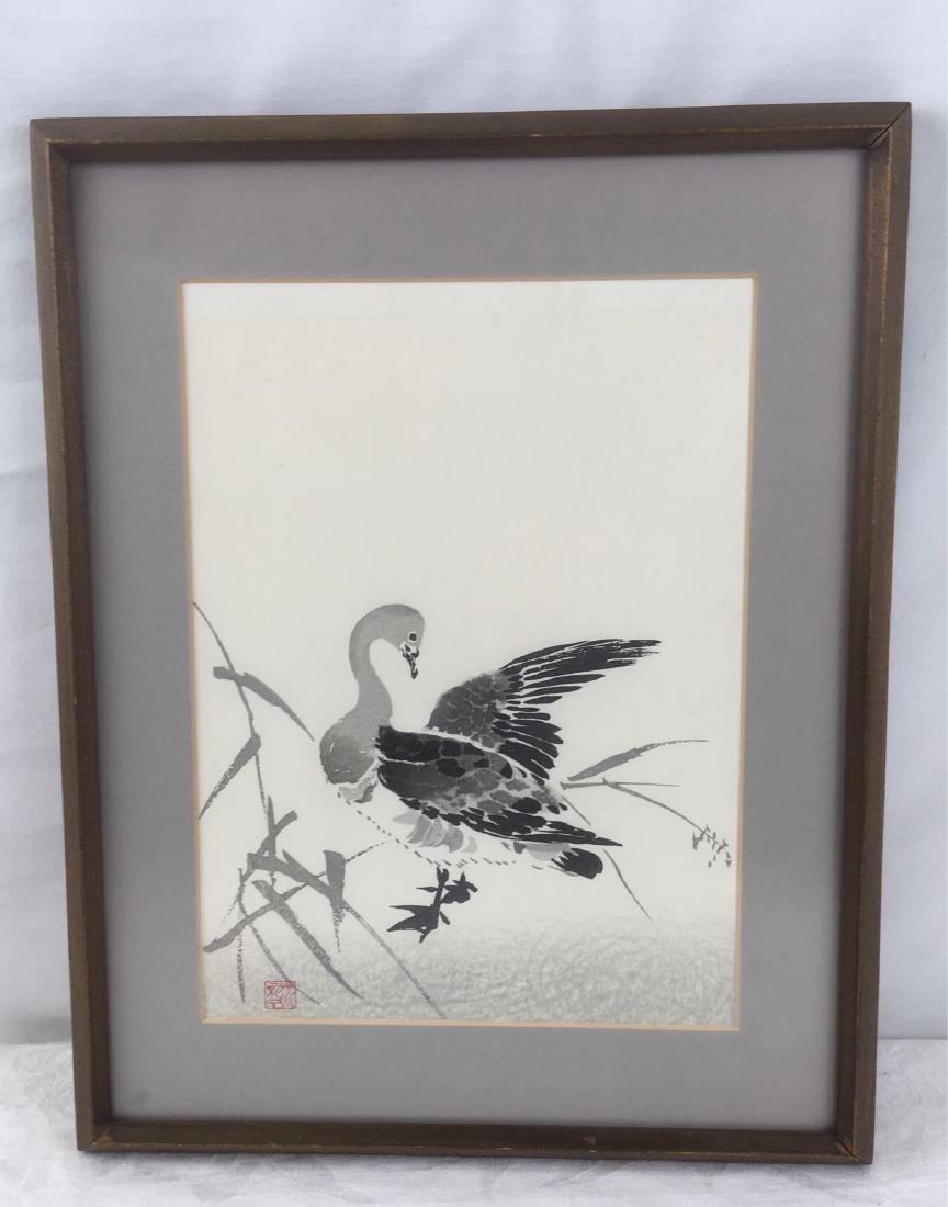 Vintage Original Japanese Wood Block, Wild Goose,: Vintage Original Japanese Wood Block, Wild Goose, Signed; artist is reported to be C. Kamo. This work is is matted and glazed and mounted in a very clean clean and complimentary frame. The artwork and