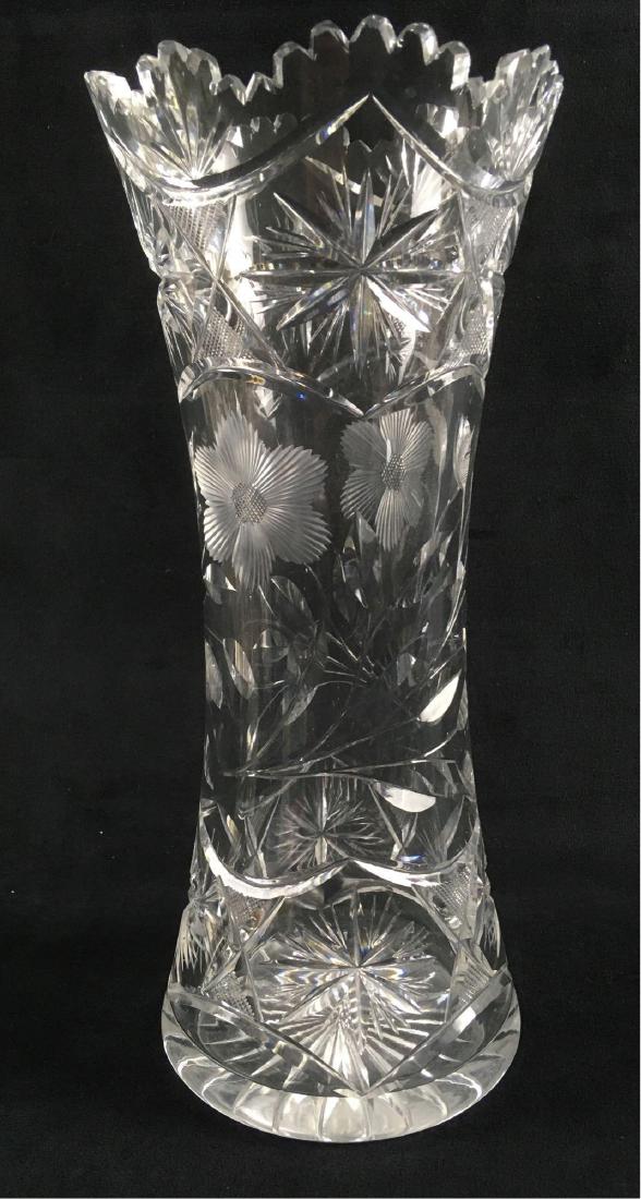 Vintage Clear Cut and Etched Crystal Glass Vase: Vintage Clear Cut and Etched Crystal Glass Vase; a very fine crystal vase. Although it is not marked, the style and quality appears to be Czech Bohemian. This vase is in very good condition, there are