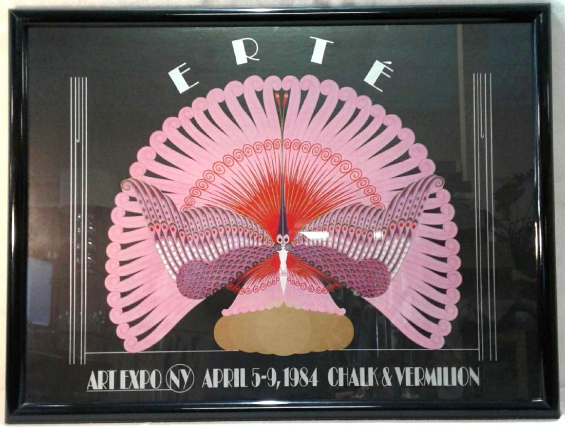 ERTE Art Expo NY April 5-9, 1984 Chalk & Vermilion: An original large chalk and Vermilion Erte Art Poster, New York Art Expo April 5-9 1984. The vibrant pink and red colors of the woman's dress contrast with the black background. The poster appears to