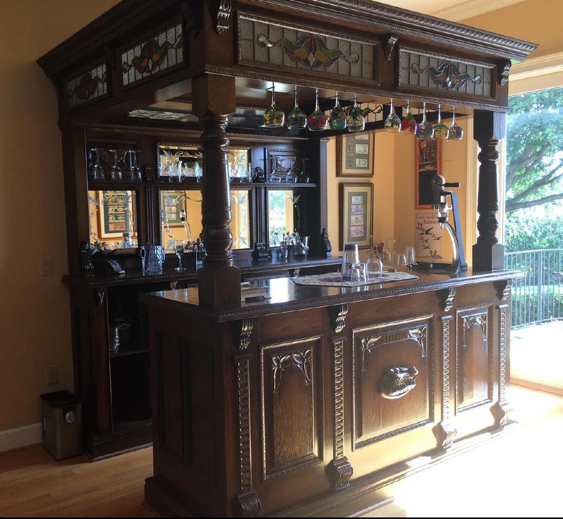 English Oak Canopy Bar with Stained Glass Panels
