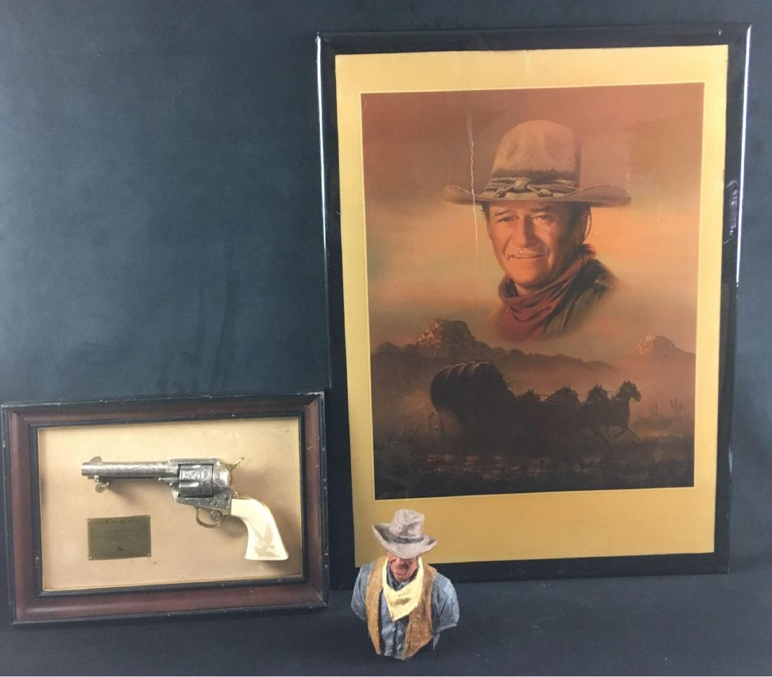 Vintage John Wayne Collectibles Including Colt Revolver: Vintage John Wayne Collectibles Including Colt Revolver Replica; for fans of the Duke, meaning pretty much everybody, a collection of John Wayne memorabilia. Lot incudes 1) a Franklin Mint Engraved 45