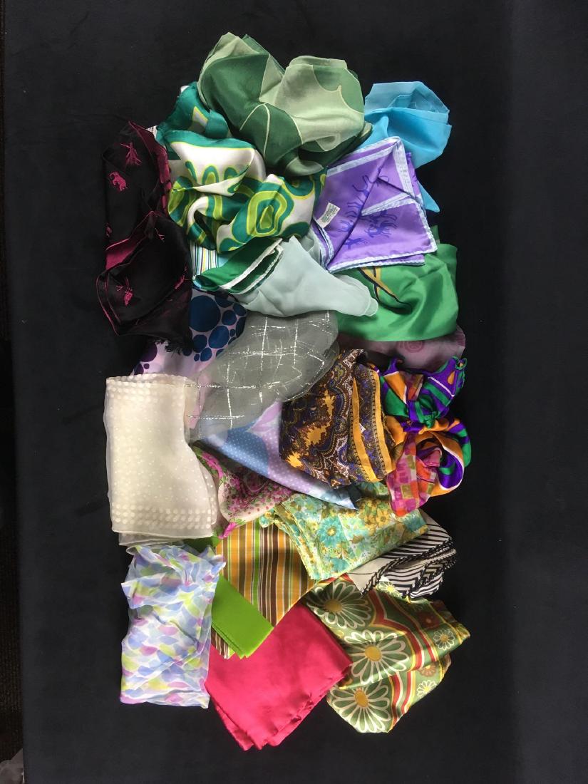 Varied Lot of 21 Vintage Scarves: Varied Lot of 21 Vintage Scarves; a collection of polyester, nylon, rayonÂ scarves. the majority show a chiffon weave. One is embroidered with an "R", another is embroideredÂ "Ruth". All are in ve