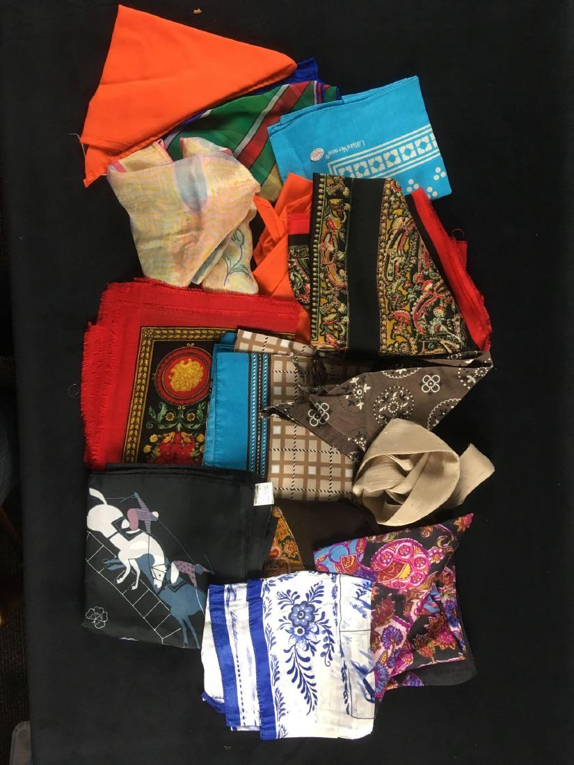 Varied Lot of 13 Vintage Scarves: Varied Lot of 13 Vintage Scarves; a collection of polyester, nylon, rayon scarves, the majority show a tight weave. All are in very good condition. Colors vary, sizes vary, it appears the average size