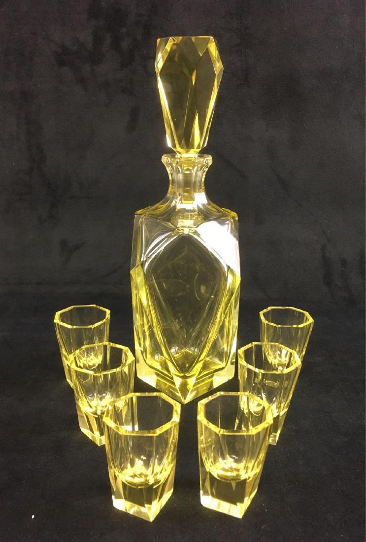 Beautiful Vintage BohemianÂ Art Deco Lemon Crystal: Beautiful Vintage BohemianÂ Art Deco Lemon Crystal Decanter with Stopper and 6 glasses, Circa 1930's; a very high quality set, although it is not marked this is very much in the style and quality of