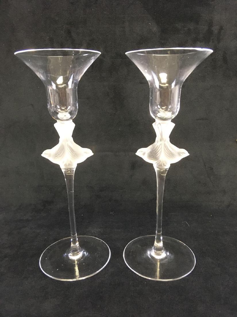Vintage Sasaki Crystal Wings Candlestick Set: Vintage Sasaki Crystal Wings Compote Glass Set; This pair is from the Sasaki "Wings" collection and each feature frosted birds on the stem. Both are in excellent condition with no chipping or scratchi