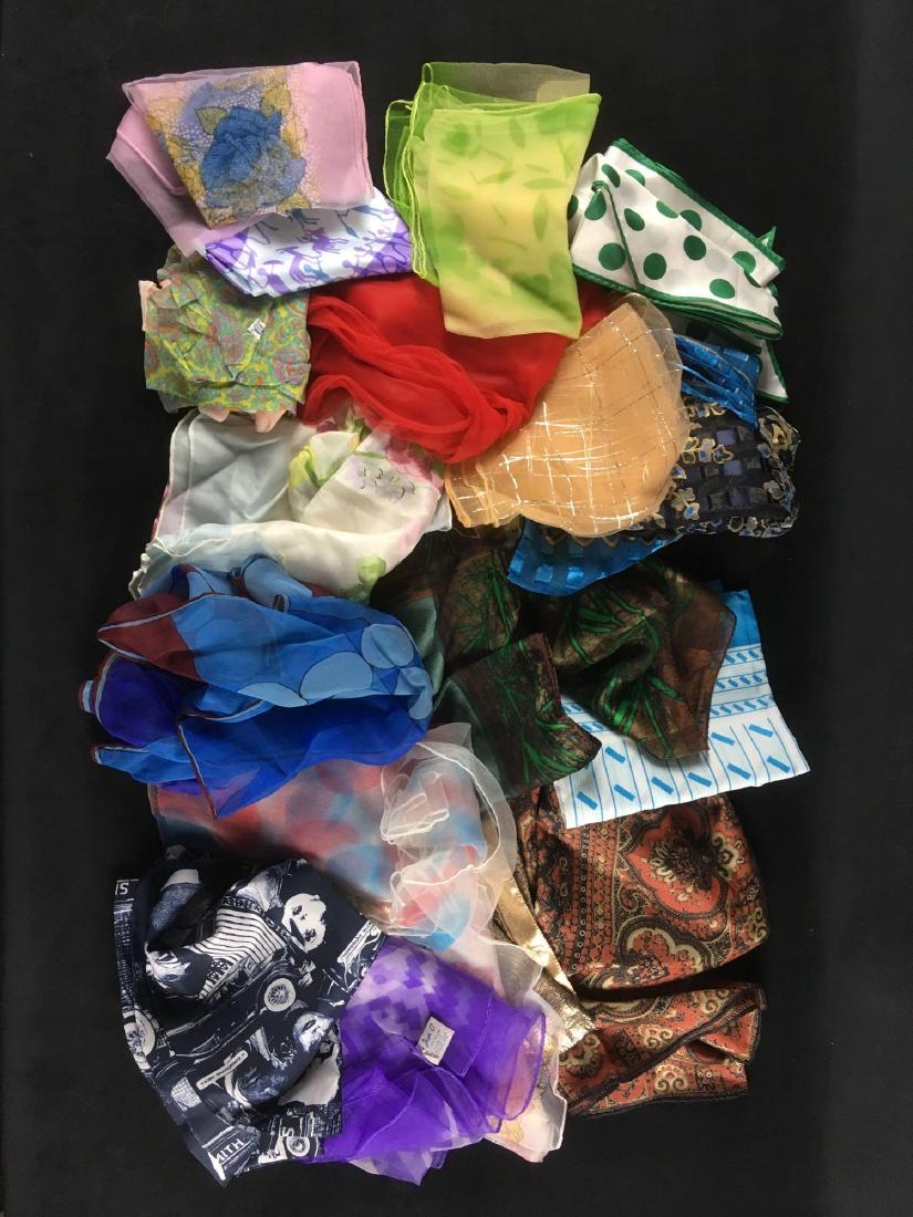 Varied Lot of 19 Vintage Scarves: Varied Lot of 19 Vintage Scarves; a collection of polyester, nylon, rayon scarves, the majority show a chiffon weave. All are in very good condition. Colors vary, sizes vary, it appears the average si