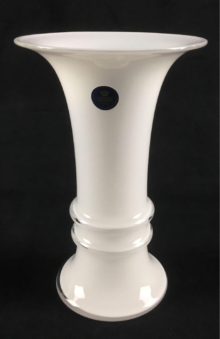 Milk Glass Crystal Vase Marked: Milk Glass Crystal Vase, Marked; this beautiful milk glass crystal vase has an affixed label "Royal Copenhagen". It is in excellent condition with no chips or cracks noted. The finish is smooth and cl