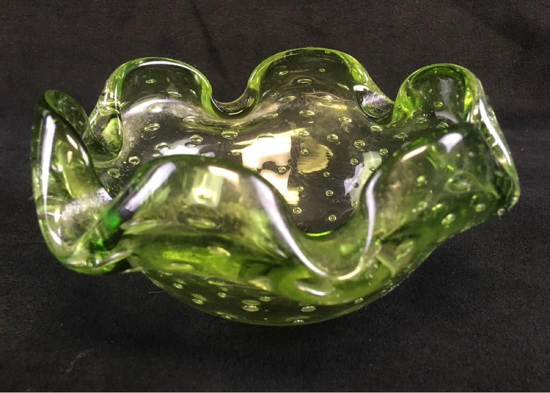 Vintage Hand-blown Green Art Glass Ash Tray: Vintage Hand-blown Green Art Glass Ash Tray; this translucent green piece is in very good condition. It shows a very geometric bubble pattern in the glass, a nice effect difficult to achieve. There ar