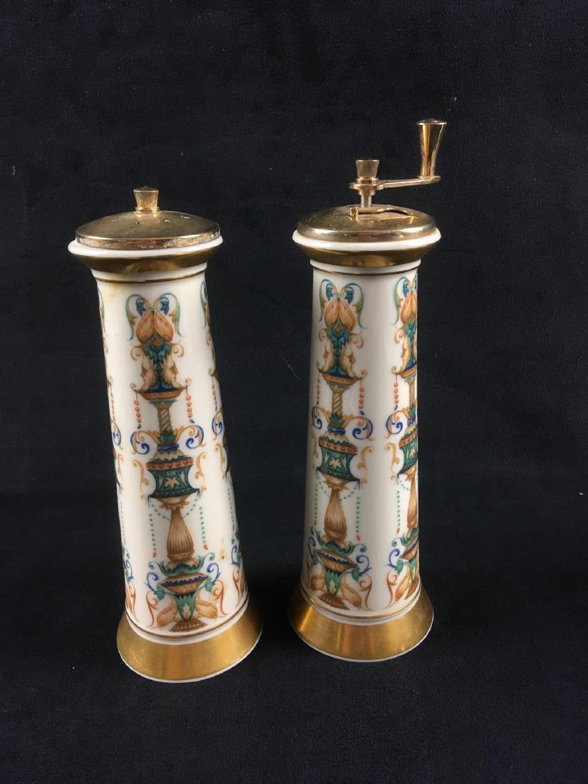 Vintage Porcelain Salt and Pepper Mill Set by Lenox: Vintage Porcelain Salt and Pepper Mill Set by Lenox, Marked; these were produced by Lenox in the 1970's. They show an Art Nouveau design on ivory background with gold accent. The caps are polished bra