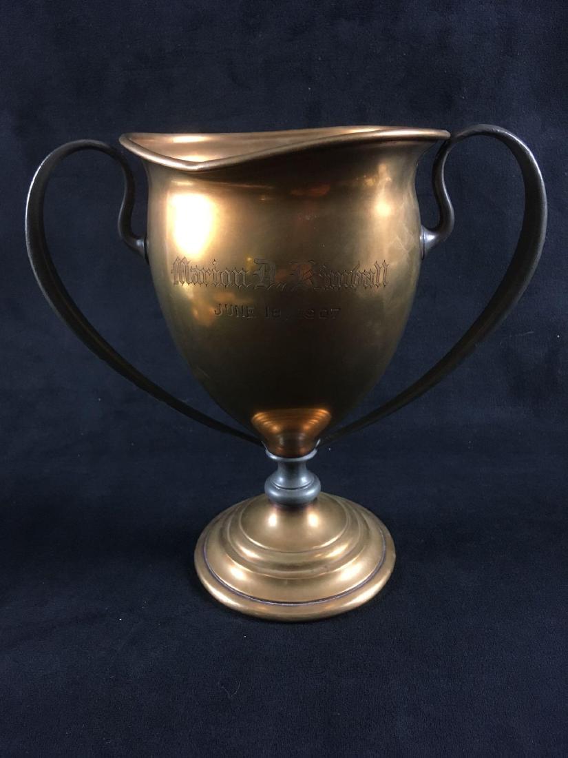 Antique Copper Loving Cup Style Trophy: Antique Copper Loving Cup Style Trophy; this copper trophy shows pewter handles mounted on a pewter collar on the trophy pedestal. The face is engraved "Marion D. Kimball June 18, 1907". The reverse i