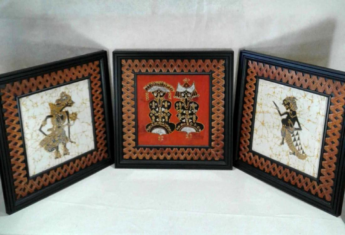 3 Indonesian Crafted Pictures Batik Artwork: Made in Indonesia is this originalÂ artistic craftsmanship of 3 uniqueÂ craved wooden framed art pieces. The hand carved wood matting adds to its specialized distinctive appearance. The images are