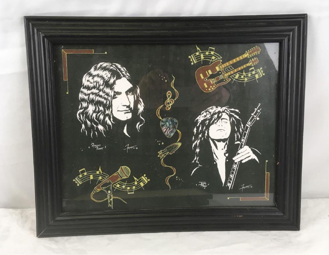 Rock and Roll Art by Charles Freeman, Robert Plant and: Rock and Roll Art by Charles Freeman, Robert Plant and Jimmy Page; this is a piece of mixed media marked with the date 2005. The work is is glazed and mounted in a very rock and roll black frame. All 