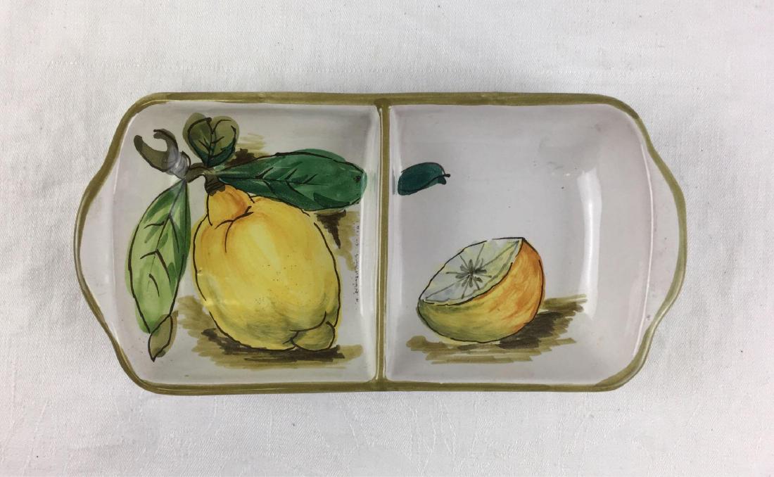 Italian Hand-painted Ceramic Condiment Dish: Italian Hand-painted Ceramic Condiment Dish; a divided condiment, candy dish showing a bright lemon motif. It is marked "Italy" and numbered 1494/168. This dish is in excellent condition and measures 