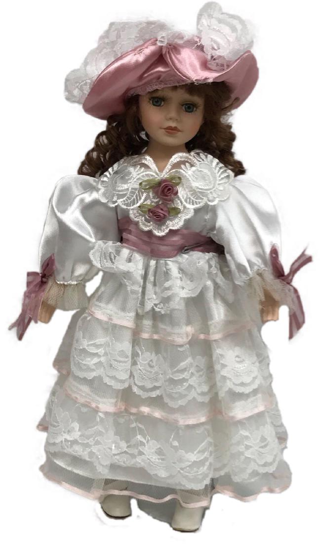 Vintage Finely Crafted Victorian Doll: Vintage Finely Crafted Victorian Doll; a beautiful doll dressed in white with lace and pink accent. She is wearing a fancy hat. This doll is finely made in the old style, the head, arms and legs are a