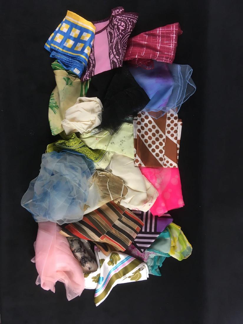 Varied Lot of 22 Vintage Scarves: Varied Lot of 22 Vintage Scarves; a collection of polyester, nylon, rayon scarves, the majority show a tight weave. All are in very good condition. Colors vary, sizes vary, it appears the average size