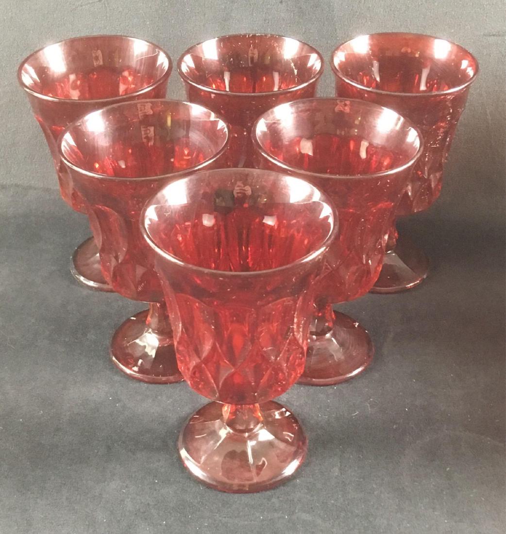 Lot of 6 Deep Ruby Red Depression Glass Stemmed Goblets: Lot of 6 Deep Ruby Red Depression Glass Stemmed Goblets; a nice set of substantial goblets that would be good for water, better for wine. They all show a very deep ruby color and all are in very good 
