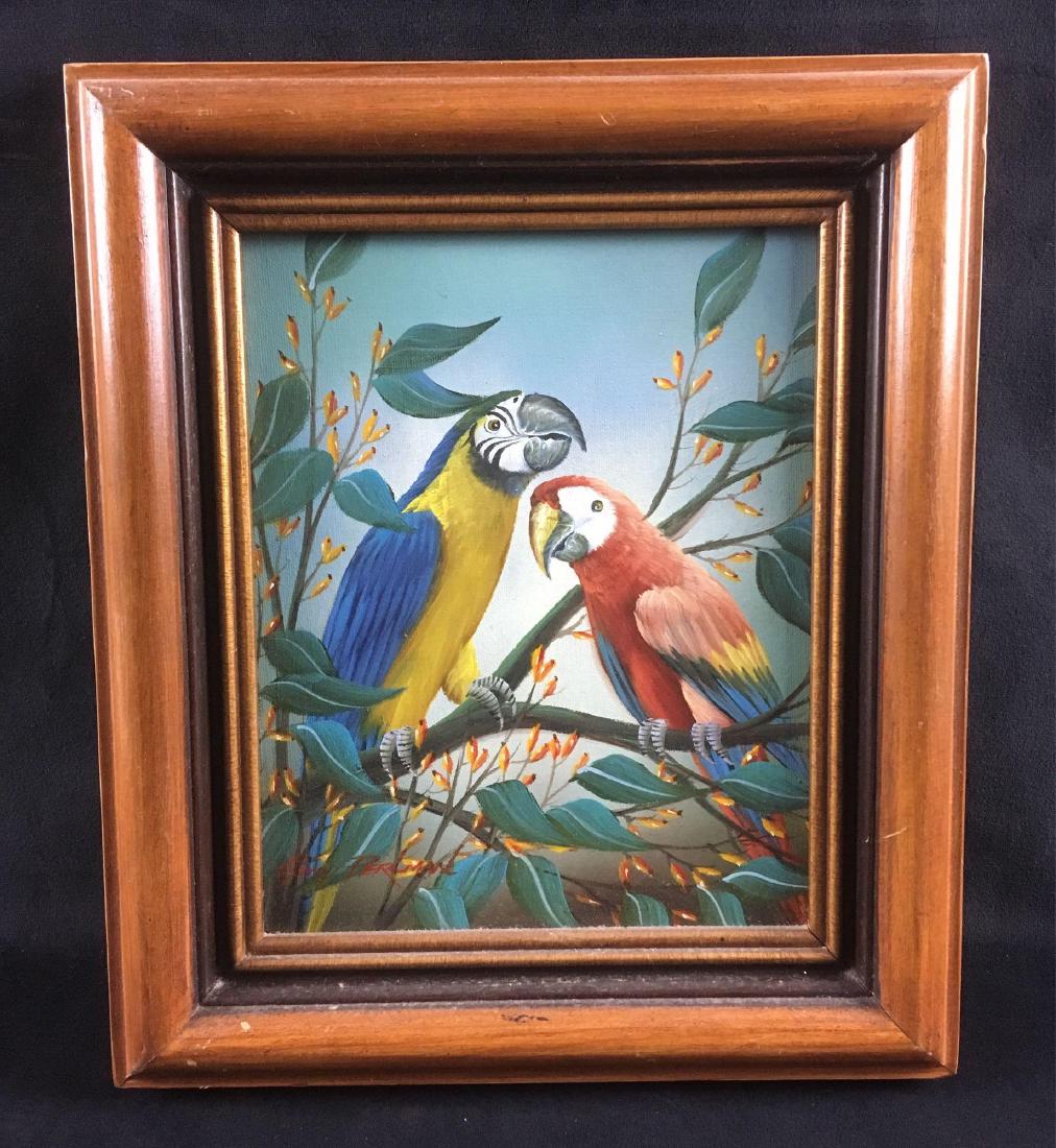 Original Guy Perlman Macaw Parrot Oil Painting: Original Guy Perlman Macaw Parrot Oil Painting; A tropical parrot painting signed by the artist Guy Perlman and comes in a thick wood frame. It is in excellent condition and frame to frame measures ab