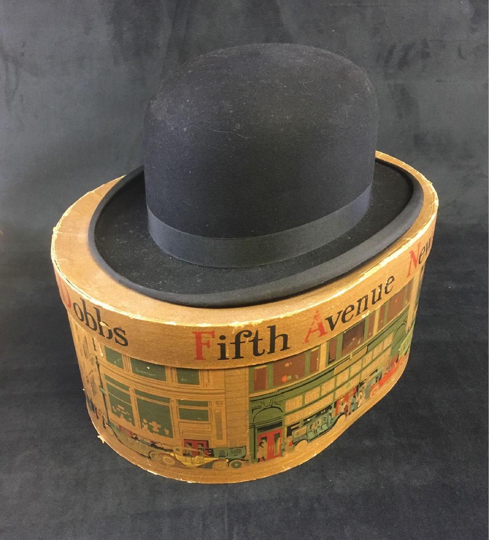 Pantke Harpke Co. Antique Bowler Derby: Pantke Harpke Co. Antique Bowler Derby Hat in Original Box; this black bowler derby with black band shows a label "Dobbs Fifth Avenue New York". The leather band shoes the initials 