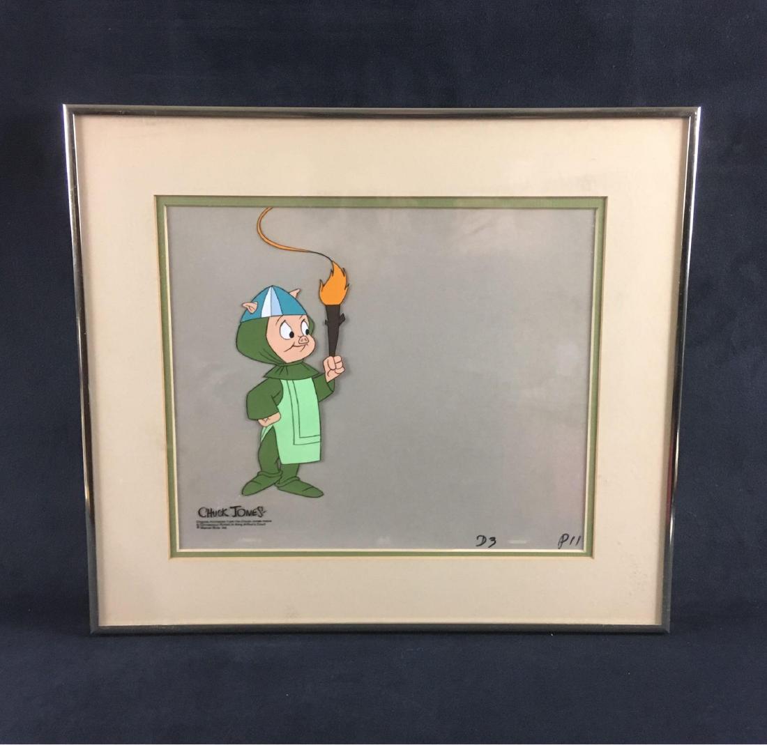 Original Chuck Jones Hand Painted Animation Cell A: Original Chuck Jones Hand-painted Animation Cell, A Connecticut Rabbit in King Arthur's Court, 1978; a great rendering of Porky Pig as a courtly page. The animation cell is double matted and glazed in