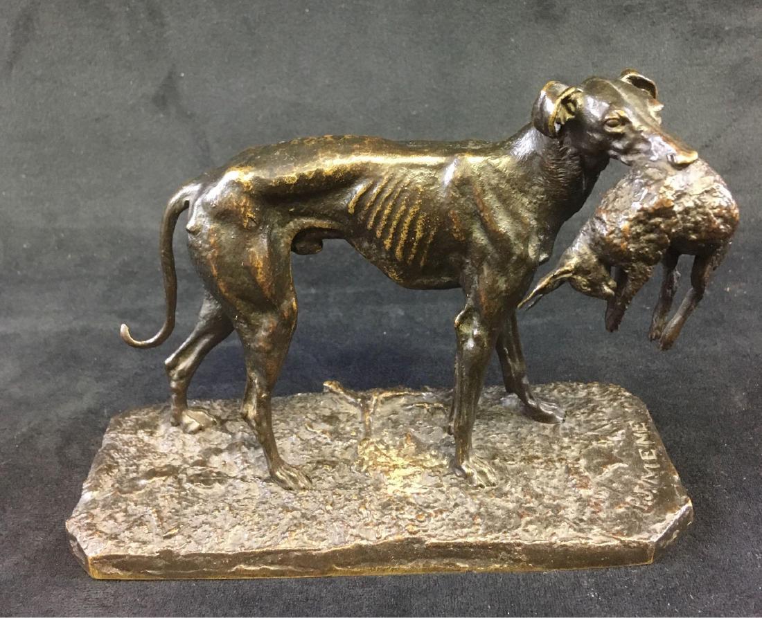 Pierre Jules Mene Bronze, 1810-1875: This is a bronze figurine of a whippet dog with its prey from the early 1900's by Pierre Jules Mene. It is in excellent used condition. Measures approximately 5.5"x7".