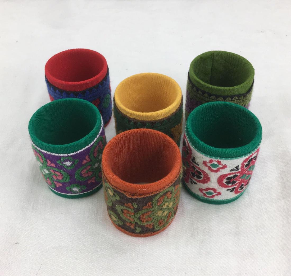 Folk Art Woven Napkin Rolls: Hand woven napkin roll set of 6, likely from old Europe. Very bright and decorative.Â