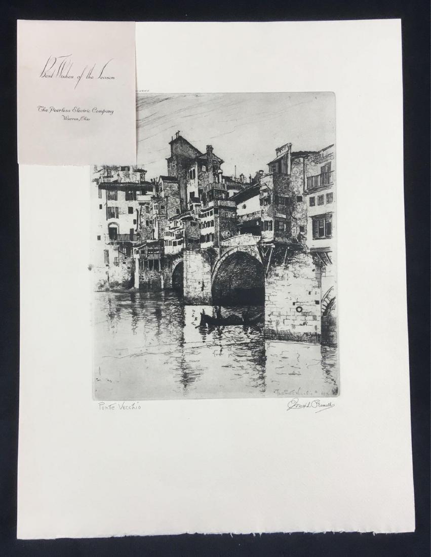 Original Etching By Joseph Pennell: Original Landscape Etching By Joseph Pennell; TitledÂ "Ponte Vecchio". ThisÂ talio-cromeÂ print reproduction is unframed and in excellent condition. It measures at about 16" L x 12" W.Â