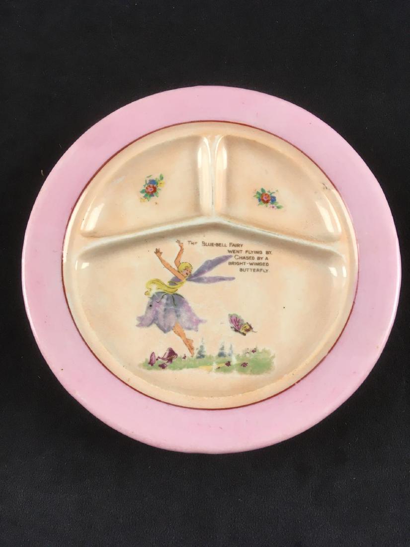 Child's Earthenware Blue Bell Fairy Plate Marked: Child's Earthenware Blue-Bell Fairy Plate, Marked; this cut little plate is marked "Made in Japan". The face is divided and shows the Blue-Bell Fairy with a short poem (in English), The plate is in go