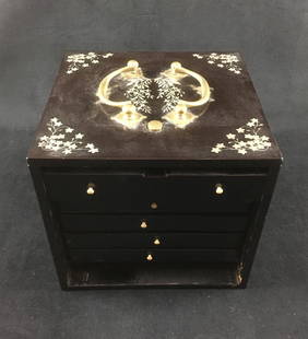 Mahjong Set in Ebony Bone Bamboo Case: Mahjong Set in Ebony Bone Bamboo Case. This set is in fair condition. It has 140 tiles altogether set in wooden drawers. The bamboo case is missing one of the original drawers. The top drawer has part