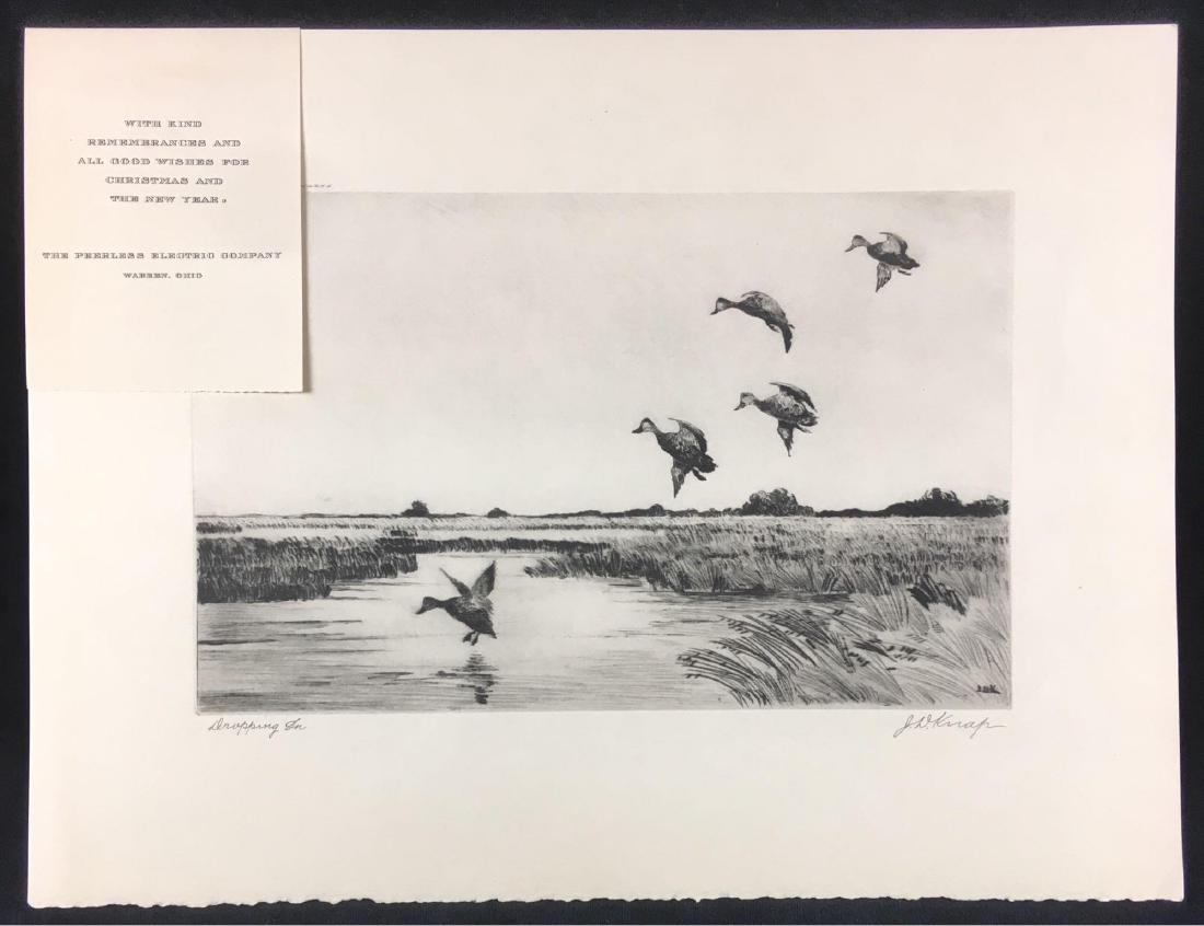 Jospeh Day Knap Etching: Joseph Day Knap Wild Duck Etching; Titled "Dropping In", JD Knap isÂ a famous portrayer of wild fowl. This talio-crome print is unframed and measures at about 12" LÂ x 16" W.Â