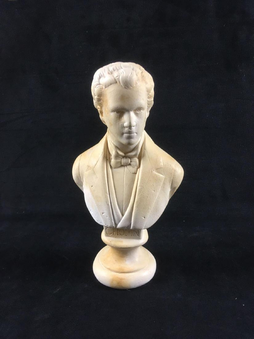 Vintage Plaster Bust Figurine of the Composer Fredric: Vintage Plaster Bust Figurine of the Composer Fredric Chopin; an ideal piece for your music room. This sculpture is in fair condition. Issues noted; there is a hairline crack across through the pedest