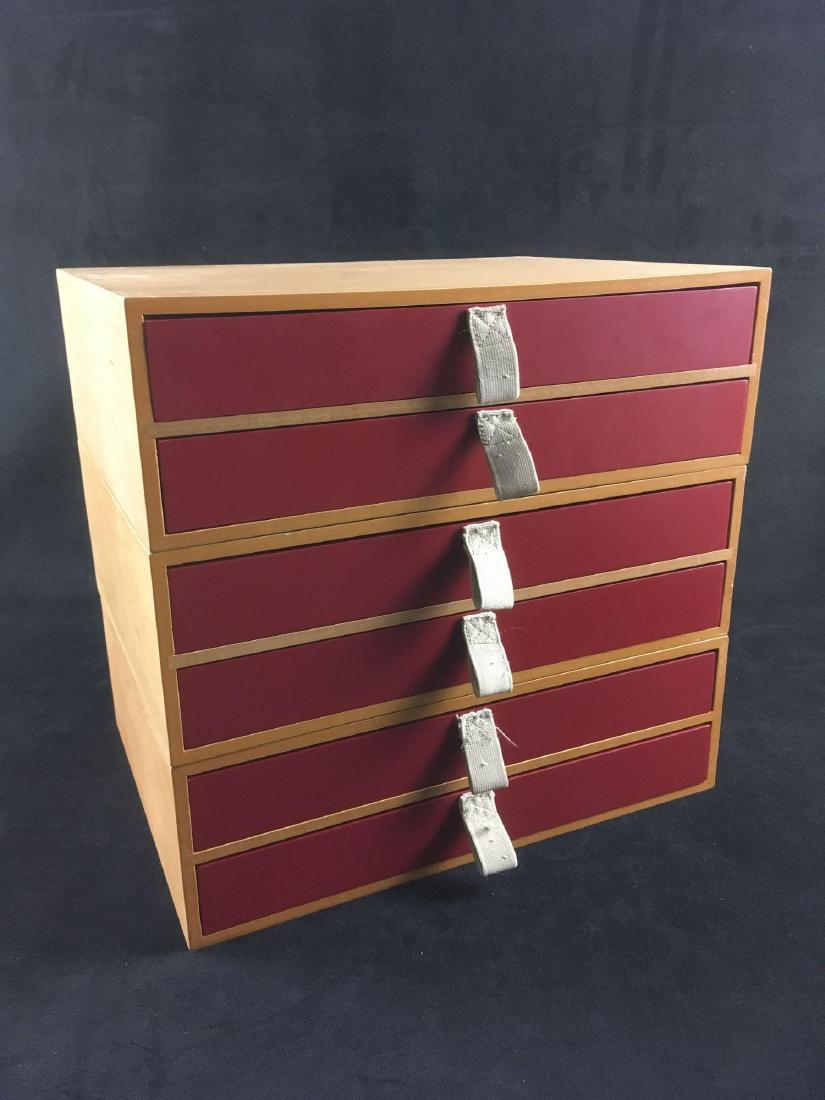 Lot of 3 Sets of Letter Trays in Modular Wooden: Lot of 3 Sets of Letter Trays in Modular Wooden Cabinets; each cabinet holds 2 letter size trays. It showsÂ a very Mid Century Modern style of a natural wood (birch) cabinet and deep red trays showi