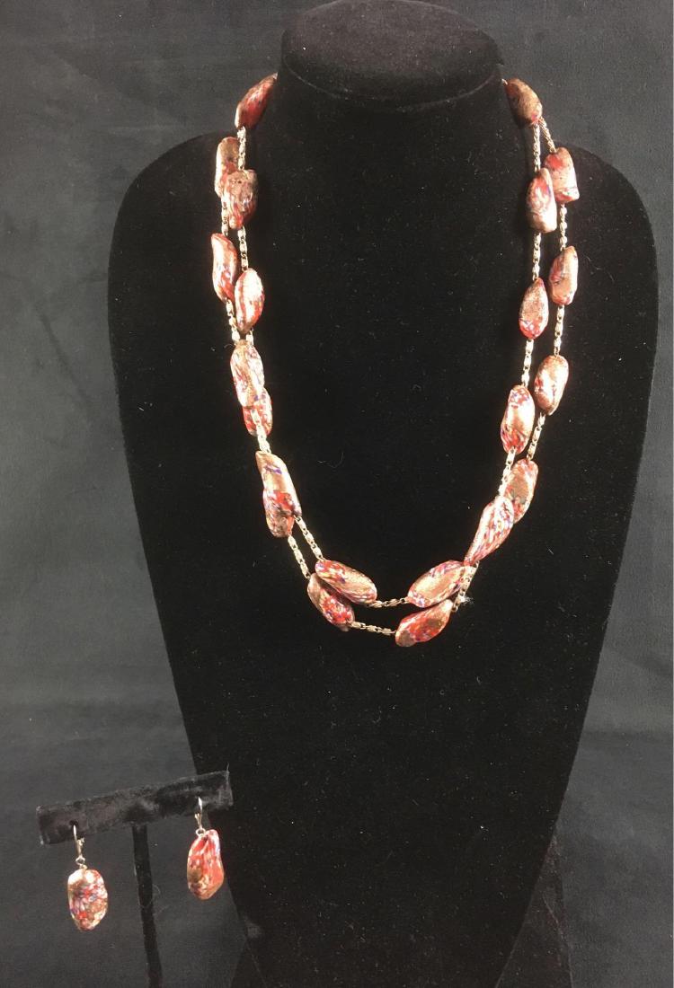 Vintage Art Glass Jewelry Set: Vintage Art Glass Jewelry Set; This is a funky multi colored art glass jewelry set includes a beaded necklace and a pair of dangle earrings. The earring clasps are marked .925 sterling. The necklace i